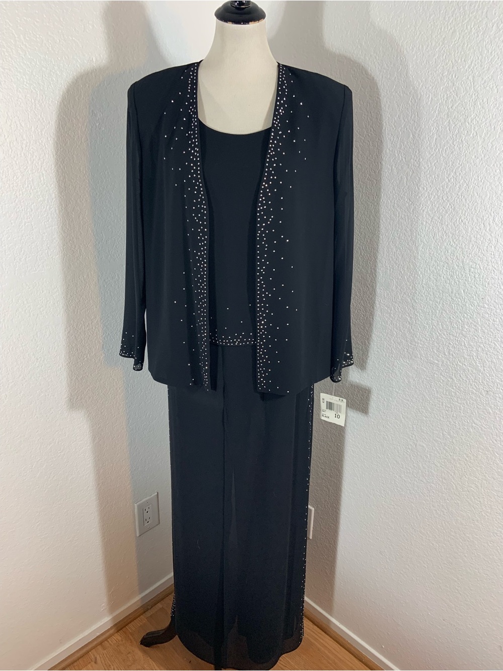 R&M Richards Black Evening Jacket, Top & Pants Ensemble w/Sparkling Rhinstones